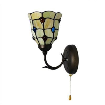 Pull Chain Bowl Accent Wall Sconce Tiffany Style Stained Glass Wall Lamp for Corridor