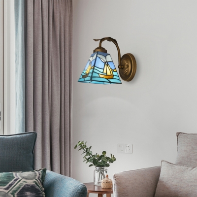 Romantic Sailing Boat Tiffany Wall Sconce Features Blue Dominated Glass Shade