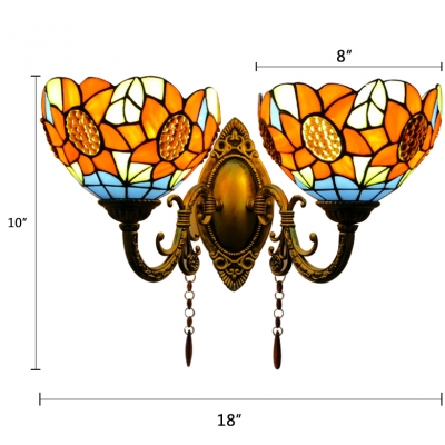 Stained Glass Sunflower Wall Lamp Tiffany Style 2 Bulbs Wall Light in Multicolor for Foyer