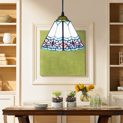 Trapezoid Suspended Light Tiffany Style Stained Glass 1 Head Drop Light in Blue for Bedroom