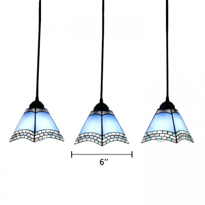 Triple Light Geometric Pendant Lamp Tiffany Style Blue/Pink Glass Hanging Light for Corridor