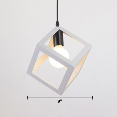 White Finish Open Bulb Hanging Light Vintage Steel Lighting Fixture with Cube Metal Frame
