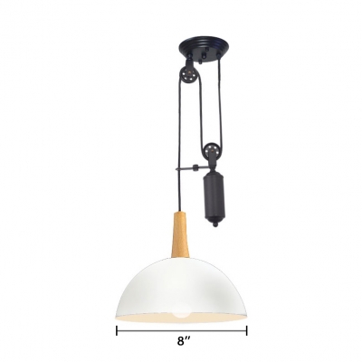 Wood Dome Shade Hanging Lamp Loft Style Suspension Light in White with Adjustable Pulley