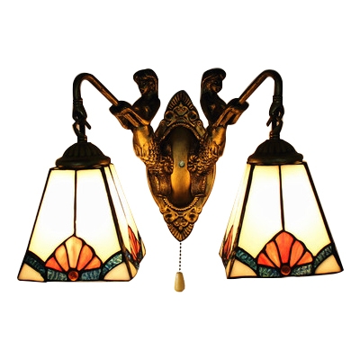 2 Head Geometric Wall Light with Mermaid Tiffany Stained Glass Wall Mount Fixture in White