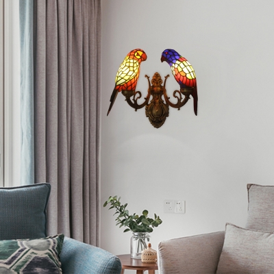 2 Light Parrot Wall Sconce Tiffany Style Handcrafted Stained Glass Wall Lamp in Multicolor