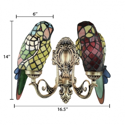 6-Inch Wide Tiffany Double Light Wall Sconce with Colorful Parrot Shaped Shade