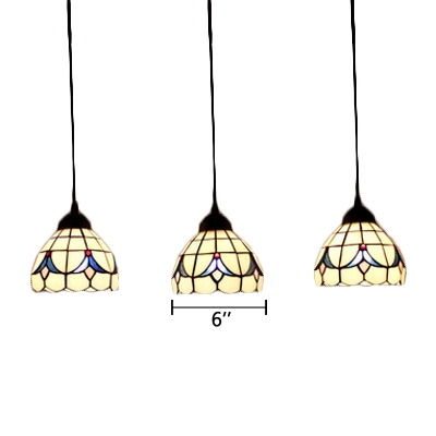 Adjustable 3 Heads Dome Hanging Lamp Tiffany Style Beige Glass Suspended Lamp for Dining Room