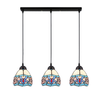 Adjustable 3 Lights Dome Pendant Light Tiffany Style Stained Glass Suspended Light in Blue