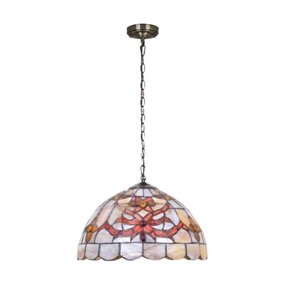 Beige Floral Shelly Suspension Light Tiffany Style Stained Glass Triple Head Lighting Fixture