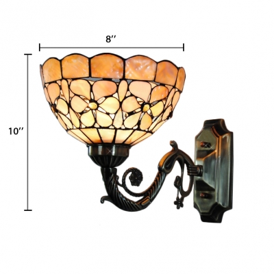 Beige Shelly Wall Sconce Tiffany Style Stained Glass Wall Lamp in Antique Brass