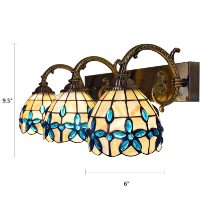 Bowl Shade Sconce Light with Blue Bead Tiffany Style Shell 3 Heads Lighting Fixture for Bedroom