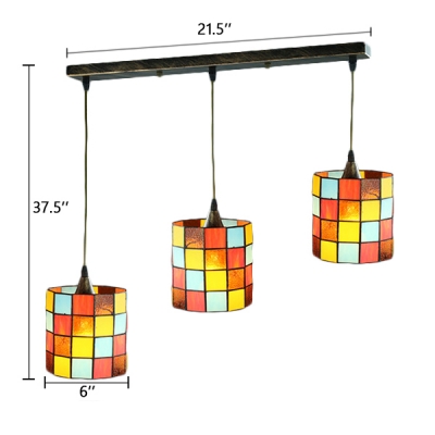 Checkered Pattern Drop Light Tiffany Style Stained Glass 3 Heads Suspended Light in Multicolor