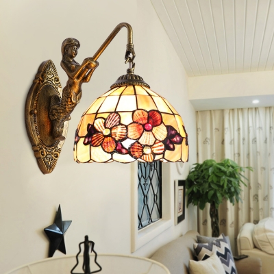 Dome Shade Wall Sconce with Mermaid Tiffany Style Stained Glass Wall Lamp in Beige
