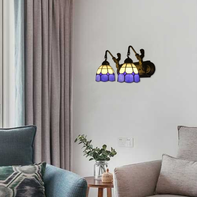 Double Light Wall Sconce in Mediterranean Style Mermaid with White & Purple Glass Shade, Tiffany Style