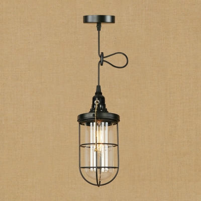 Height Adjustable Caged Pendant Light Industrial Simple Iron Drop Light with Pull Chain