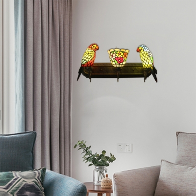 Multi Color Parrot Wall Sconce Tiffany Style Stained Glass Triple Head Decorative Wall Lamp