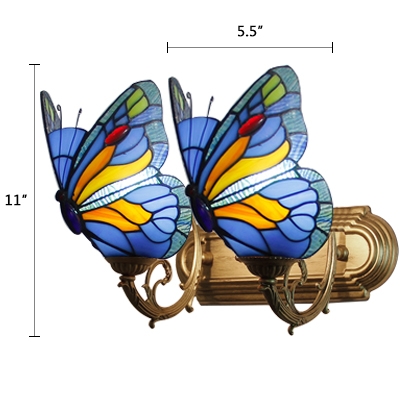 Navy Blue Butterfly Wall Lighting Country Style Stained Glass Double Heads Sconce Light