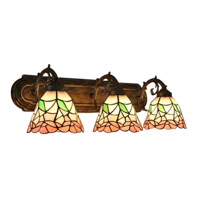 Stained Glass Floral Wall Light Tiffany Style 3 Heads Accent Sconce Lighting in Brass Finish