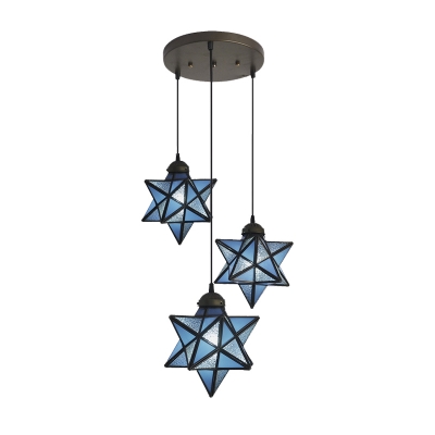Star Ceiling Pendant Light Tiffany Modern Blue Glass Triple Hanging Lamp for Children Room