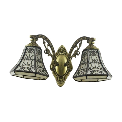 Vintage Tiffany Iron Fence Stained Glass Shade Wall Sconce in Historic Bronze Finish, 2 Light