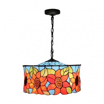 3 Light Sunflower Ceiling Pendant Light Tiffany Stained Glass Hanging Light in Multi Color