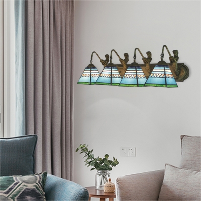 4 Lights Trapezoid Sconce Light Tiffany Stained Glass Wall Lamp in Blue/Pink with Mermaid
