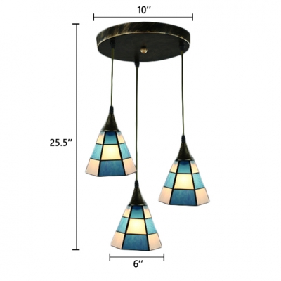 Blue Checkered Pattern Pendant Lamp Tiffany Nautical Stained Glass Triple Hanging Lamp