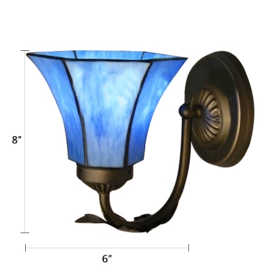 Blue Flower Shade Tiffany Wall Sconce Complemented by Wrought Iron Base