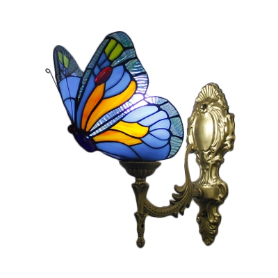Butterfly Wall Lamp Animal Tiffany Style Wall Sconce Stained Glass in Navy Blue/Scarlet Red