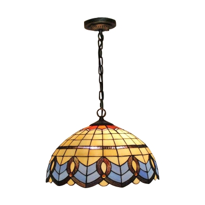 Dome Pendant Lamp Baroque Tiffany Style Stained Glass 2 Light Suspended Light in Blue