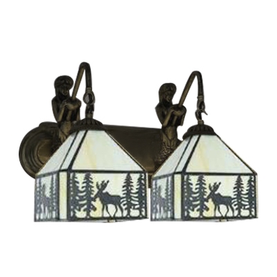 Double Heads Elk Wall Light Sconce Lodge Beige Glass Accent Lighting Fixture with Mermaid