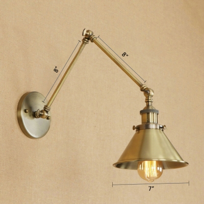 Iron Cone Shade Wall Light Industrial Adjustable Single Light Wall Sconce in Heritage Brass