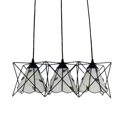 Leaf Design Hanging Light Tiffany Style White Glass 3 Lights Pendant Light with Metal Cage