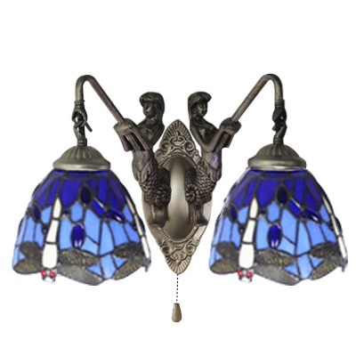 Navy Blue Dragonfly Wall Mount Light Tiffany 2 Heads Art Deco Wall Sconce for Coffee Shop