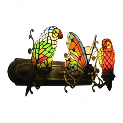 Parrot and Butterfly Wall Light Tiffany Style Stained Glass Triple Sconce Light in Multicolor