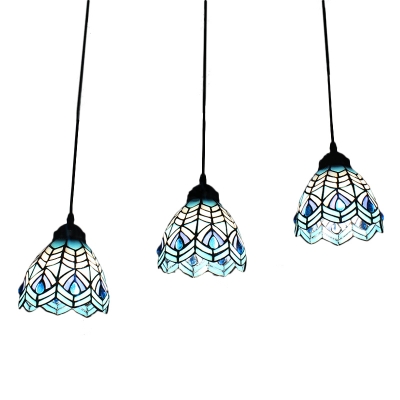 Peacock Hanging Light Tiffany Style Blue Glass 3 Heads Suspended Lamp for Restaurant