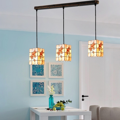 Shelly Rectangle Suspended Light Tiffany Style Triple Head Ceiling Pendant Lamp in Beige