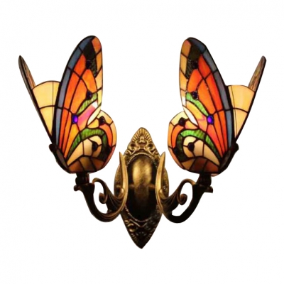 Stained Glass Butterfly Sconce Light Tiffany Style Double Heads Wall Light in Multi Color