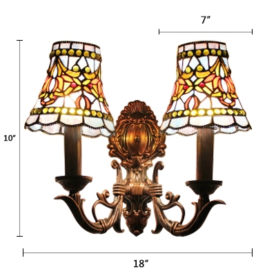Stained Glass Candle Wall Mount Light Vintage Tiffany 2 Head Wall Light in Multicolor for Villa