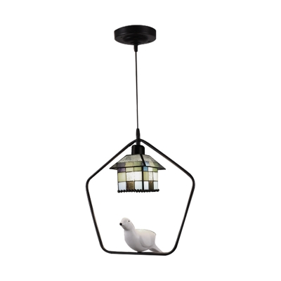 Stained Glass House Hanging Light Tiffany Style 1 Bulb Suspended Lamp in Multicolor with Bird