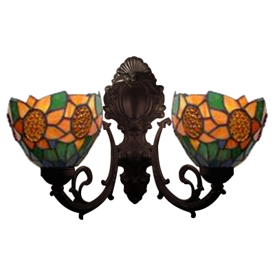 Sunflower Design Sconce Light Vintage Stained Glass 2 Heads Wall Light in Multi Color