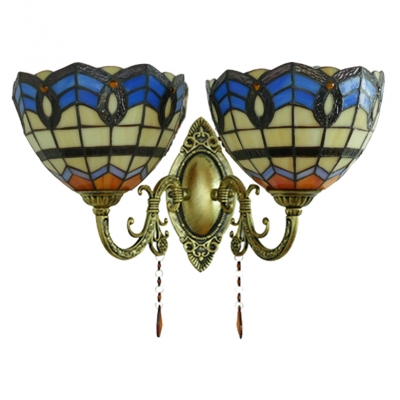 Tiffany Baroque Bowl Wall Sconce Stained Glass 2 Heads Lighting Fixture in Blue