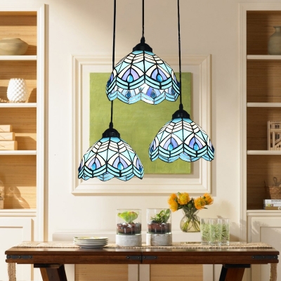Tiffany Style Peacock Suspended Light Stained Glass 3 Lights Drop Light in Blue for Porch