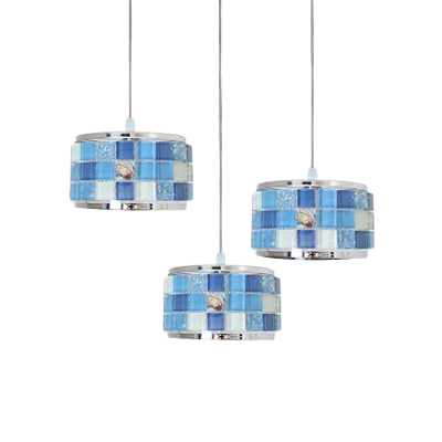 Triple Head Mosaic Pendant Lamp Tiffany Style Acrylic Hanging Light in Blue for Bedroom