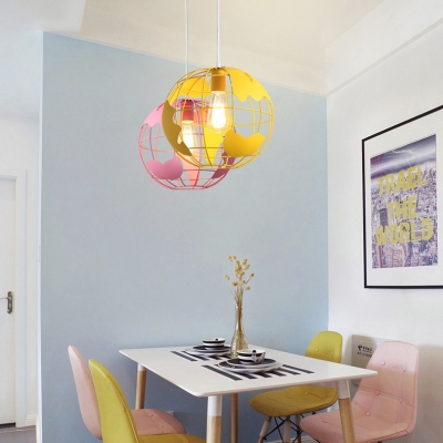 1 Light Tellurion Hanging Light Modern Steel Pendant Lamp in Pink/Yellow for Children Room