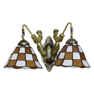 2 Heads Checkered Pattern Wall Light Tiffany Style Stained Glass Wall Sconce in Brown