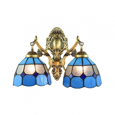 2-Light Mediterranean Wall Sconce with Blue Glass Shade in Tiffany Style, Brass Finish