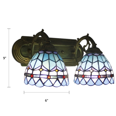 2 Lights Dome Wall Sconce Tiffany Mediterranean Style Stained Glass Wall Mount Fixture in Blue