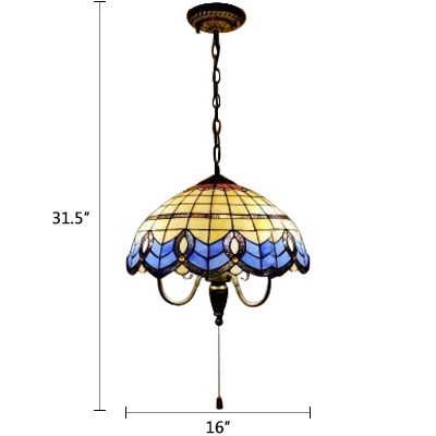 3 Head Dome Suspension Light Baroque Vintage Stained Glass Pendant Lamp in Multi Color