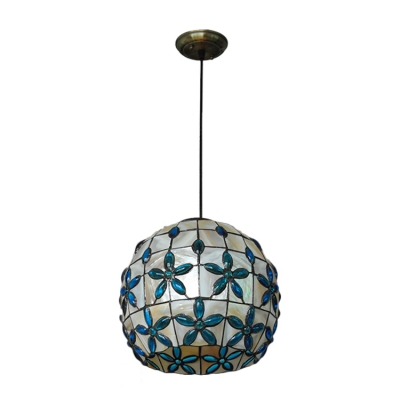 Globe Pendant Lamp Tiffany Style Stained Glass Single Head Drop Light with Blue Bead